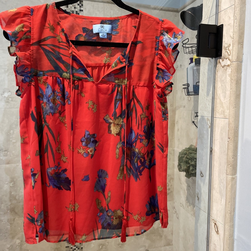 CeCe Flutter Sleeve Orange Blue Floral Short Sleeve Blouse XS